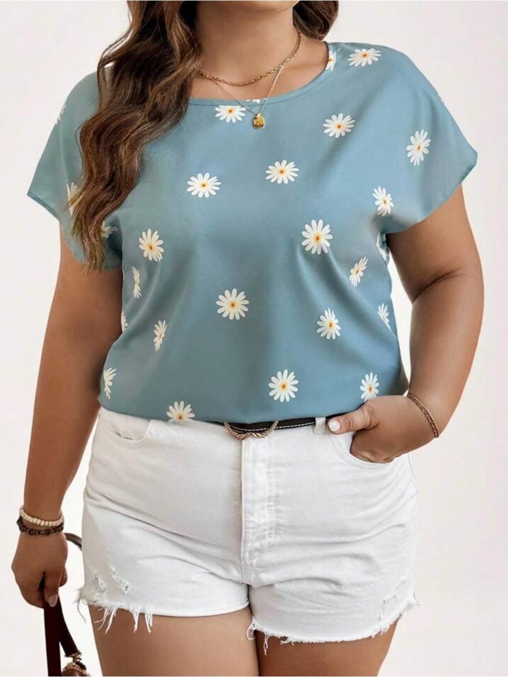 SHEIN Blue Daisy Print Short Sleeve Blouse